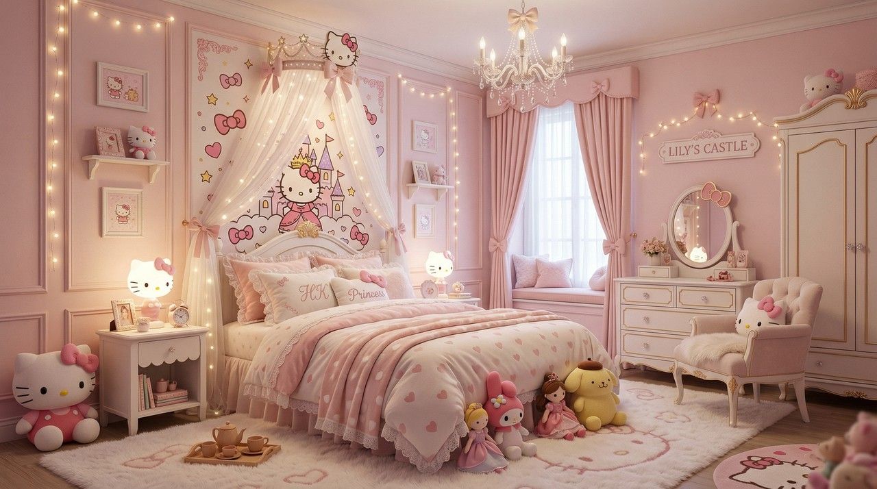 Thiết kế phòng ngủ Hello Kitty kết hợp rèm voan và đèn LED dây tạo hiệu ứng lâu đài lung linh, huyền ảo cho bé gái.