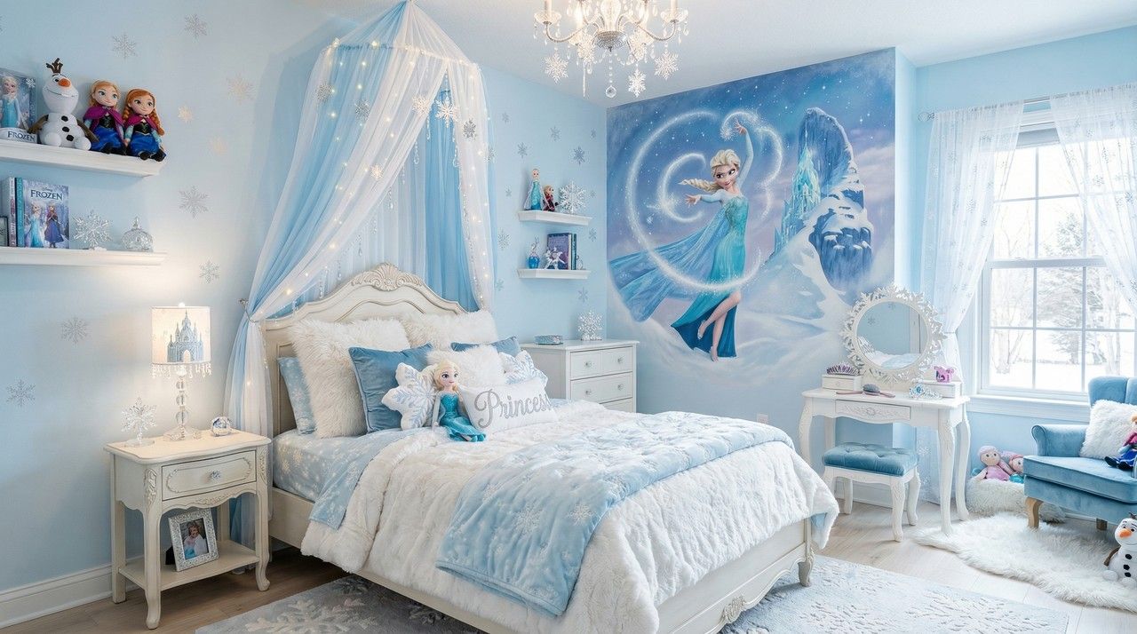 Phòng ngủ công chúa elsa cho bé từ 4-8 tuổi với gam màu xanh biển tươi mát