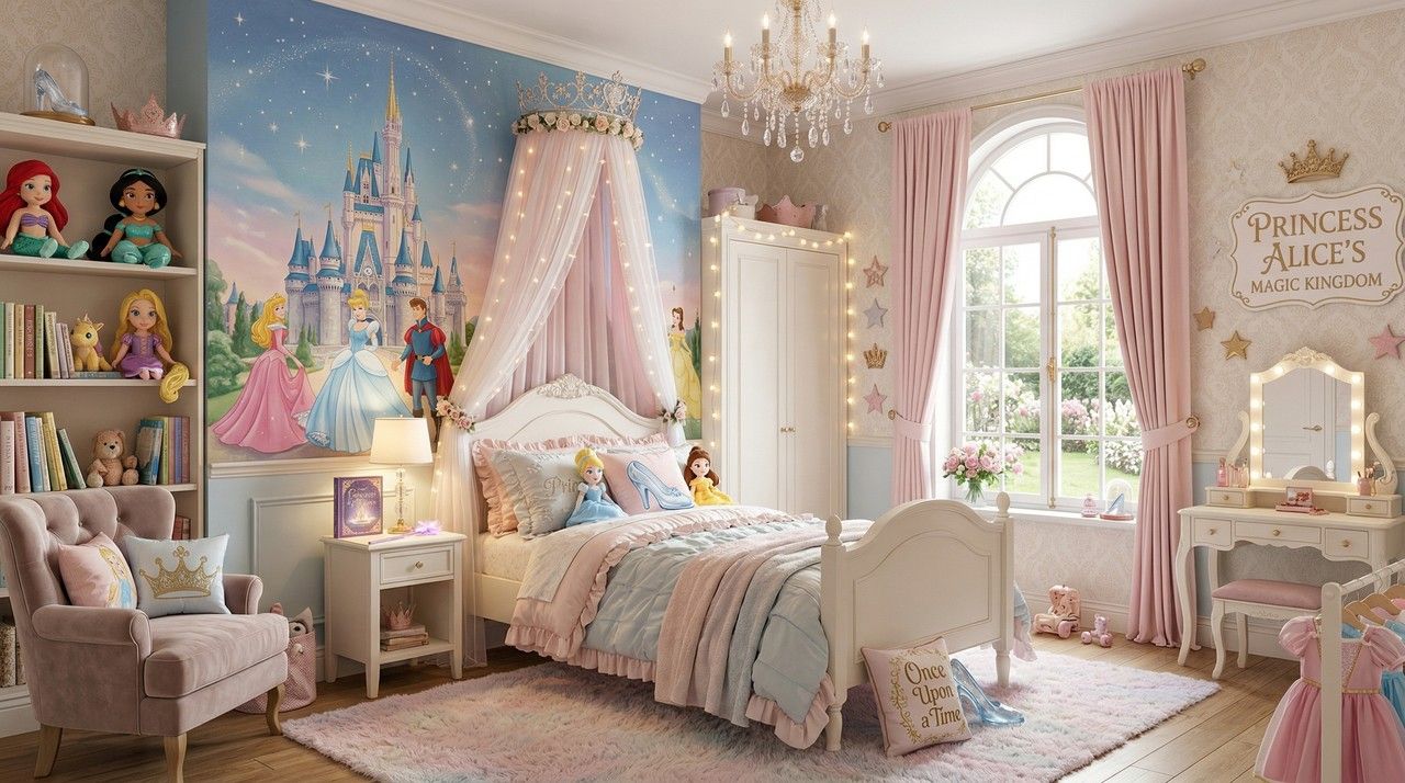 Trang trí phòng ngủ công chúa Disney với tranh tường lâu đài sống động và rèm vương miện lộng lẫy cho bé gái.