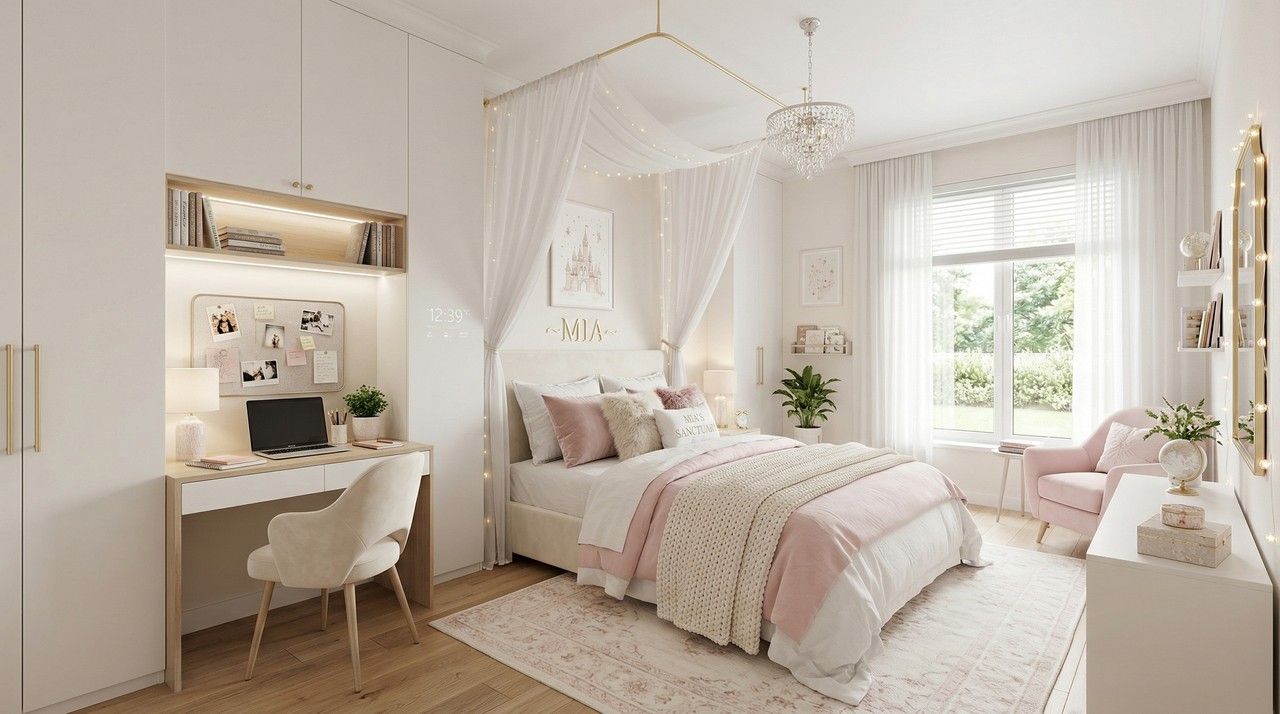 Thiết kế góc học tập thông minh trong phòng ngủ công chúa cho bé từ 9-12 tuổi