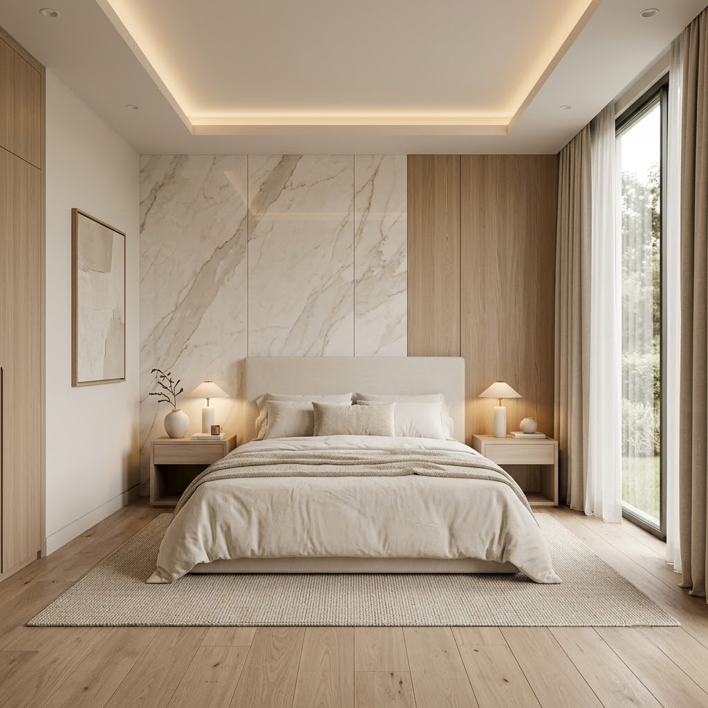 phòng ngủ hiện đại với vách ốp đá mây kết hợp ốp gỗ đầu giường