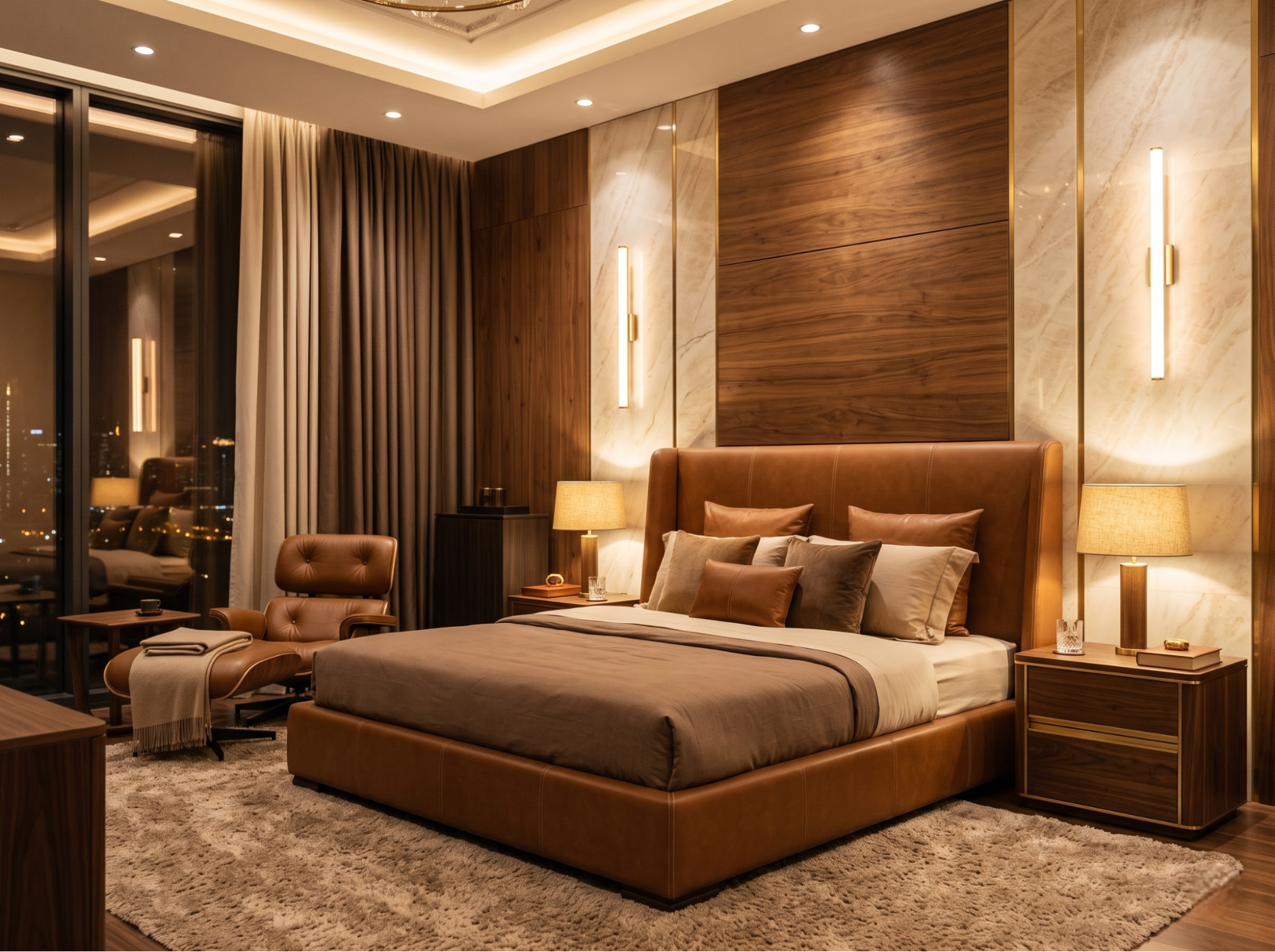 phòng ngủ hiện đại sang trọng với giường bọc da màu nâu và vách ốp gỗ kết hợp đá vân mây