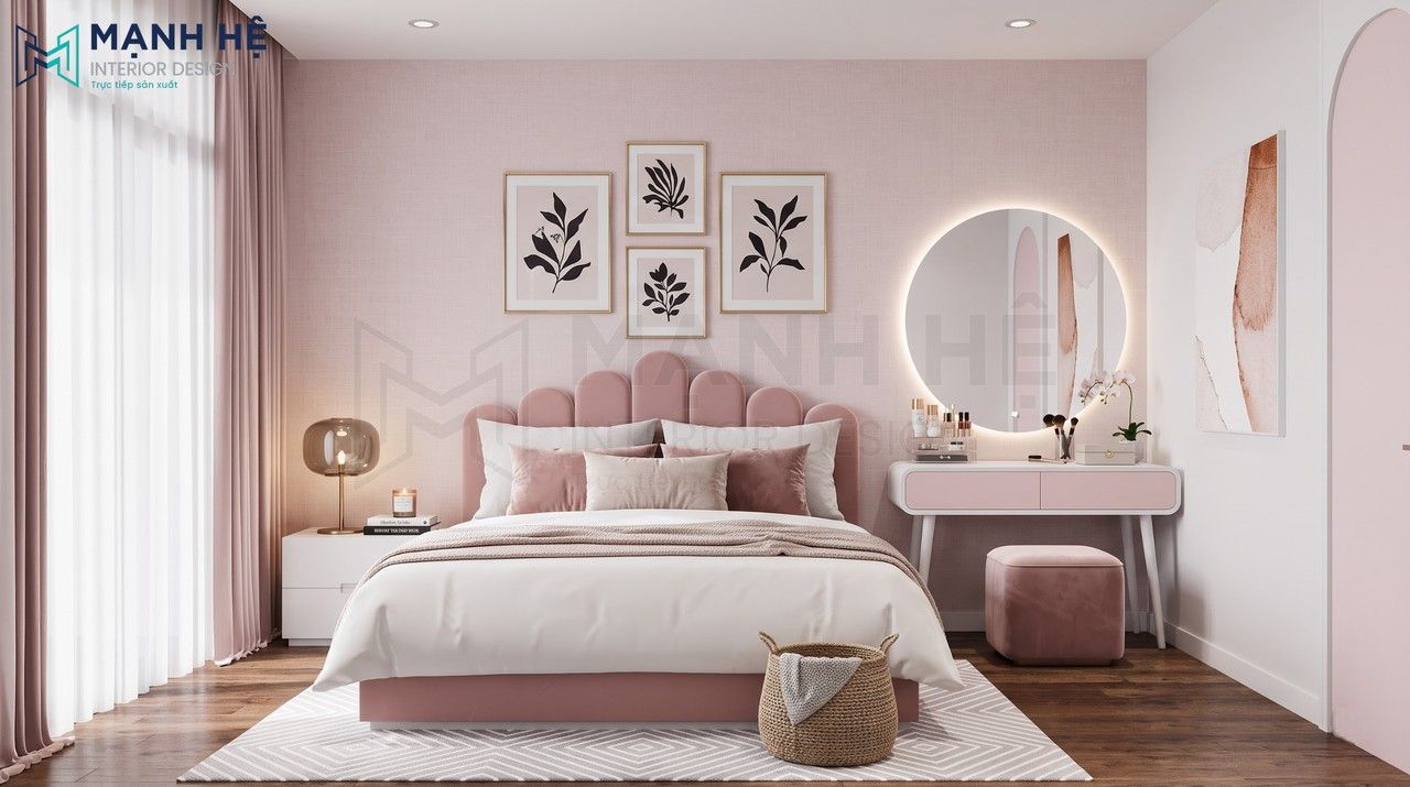 phòng ngủ 8-10m2 màu hồng pastel có giường bọc nệm vỏ sò và bàn trang điểm gương LED