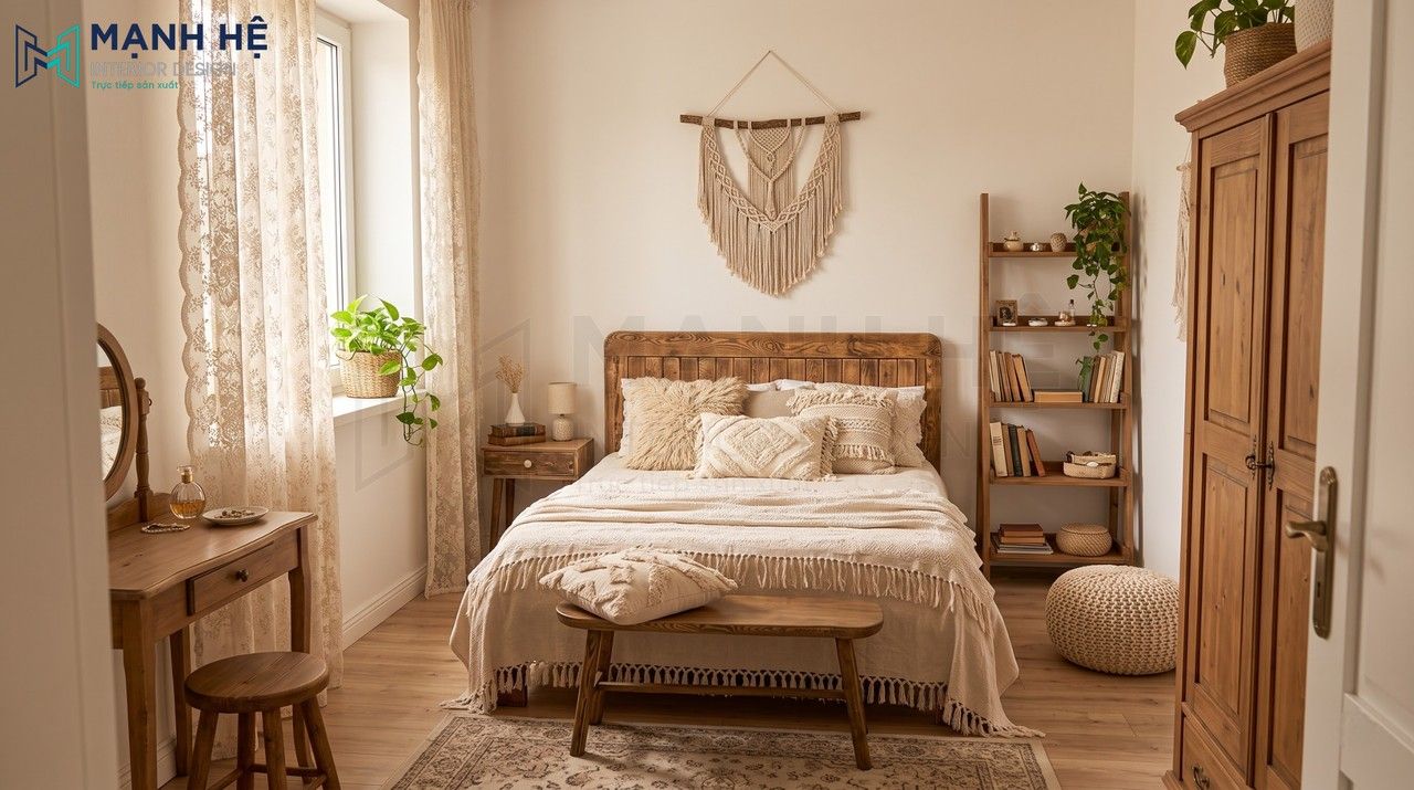 phòng ngủ phong cách vintage với nội thất gỗ mộc, macrame treo tường và rèm mộc mạc