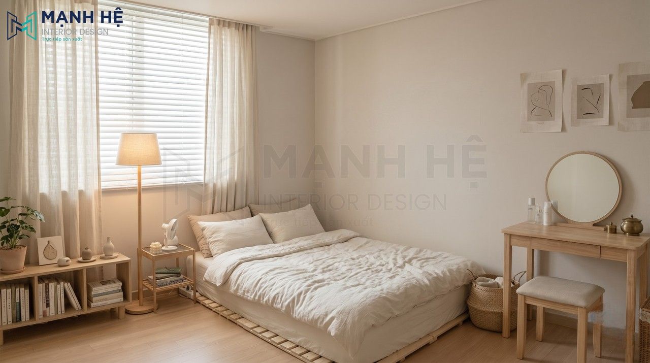 phòng ngủ phong cách Hàn Quốc tối giản với giường pallet gỗ, kệ sách và bàn trang điểm