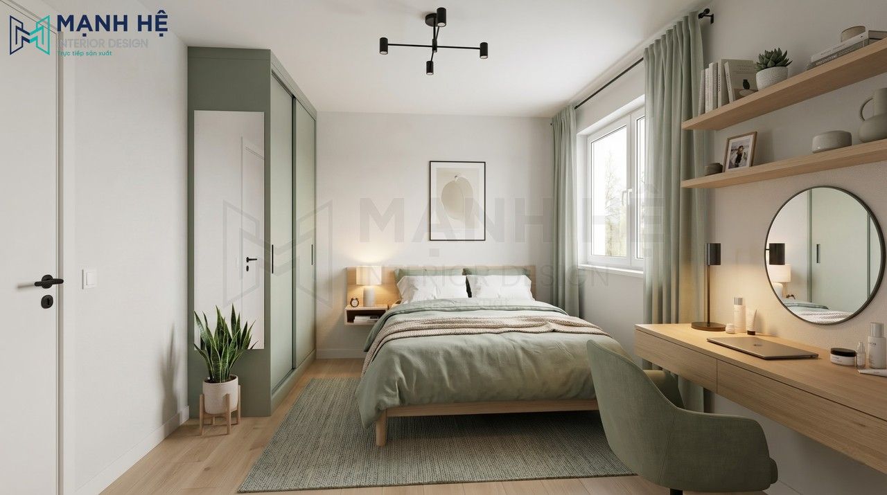 phòng ngủ màu xanh sage hiện đại với giường ngủ gỗ, tủ quần áo cánh lùa và bàn trang điểm có gương tròn