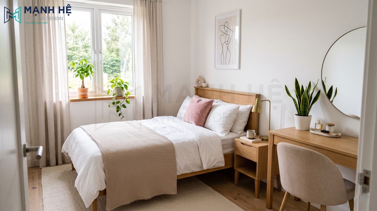 phòng ngủ tràn ngập ánh sáng với giường gỗ và các chậu cây xanh trang trí