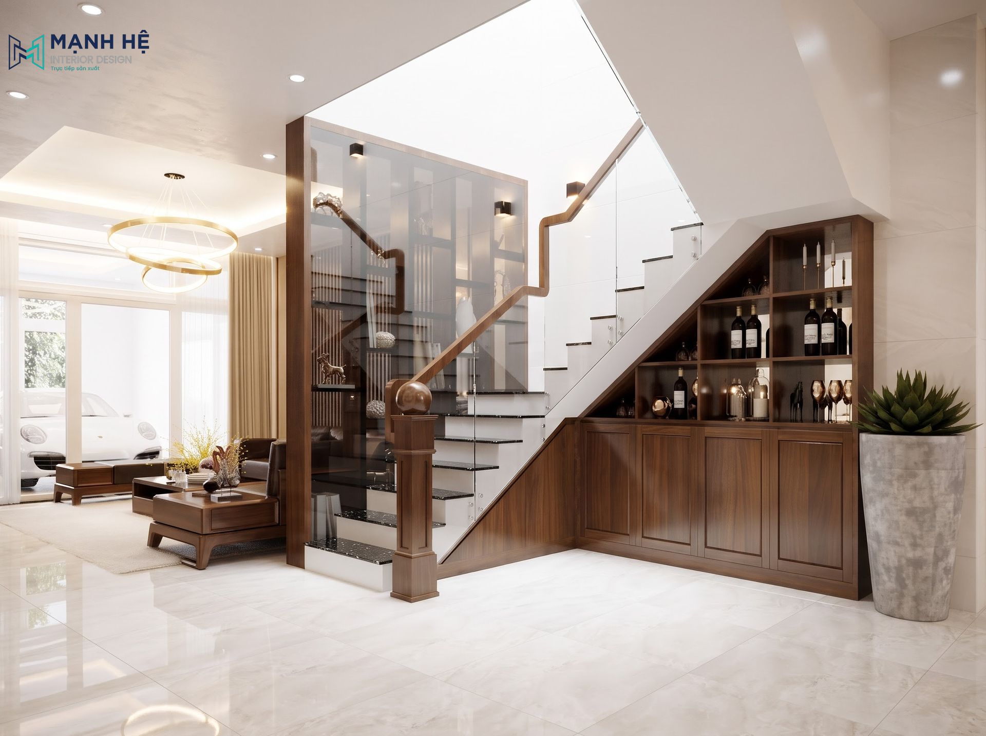 Tủ đựng đồ dưới gầm cầu thang bằng gỗ màu óc chó sang trọng kết hợp kệ trưng bày rượu cho phòng khách