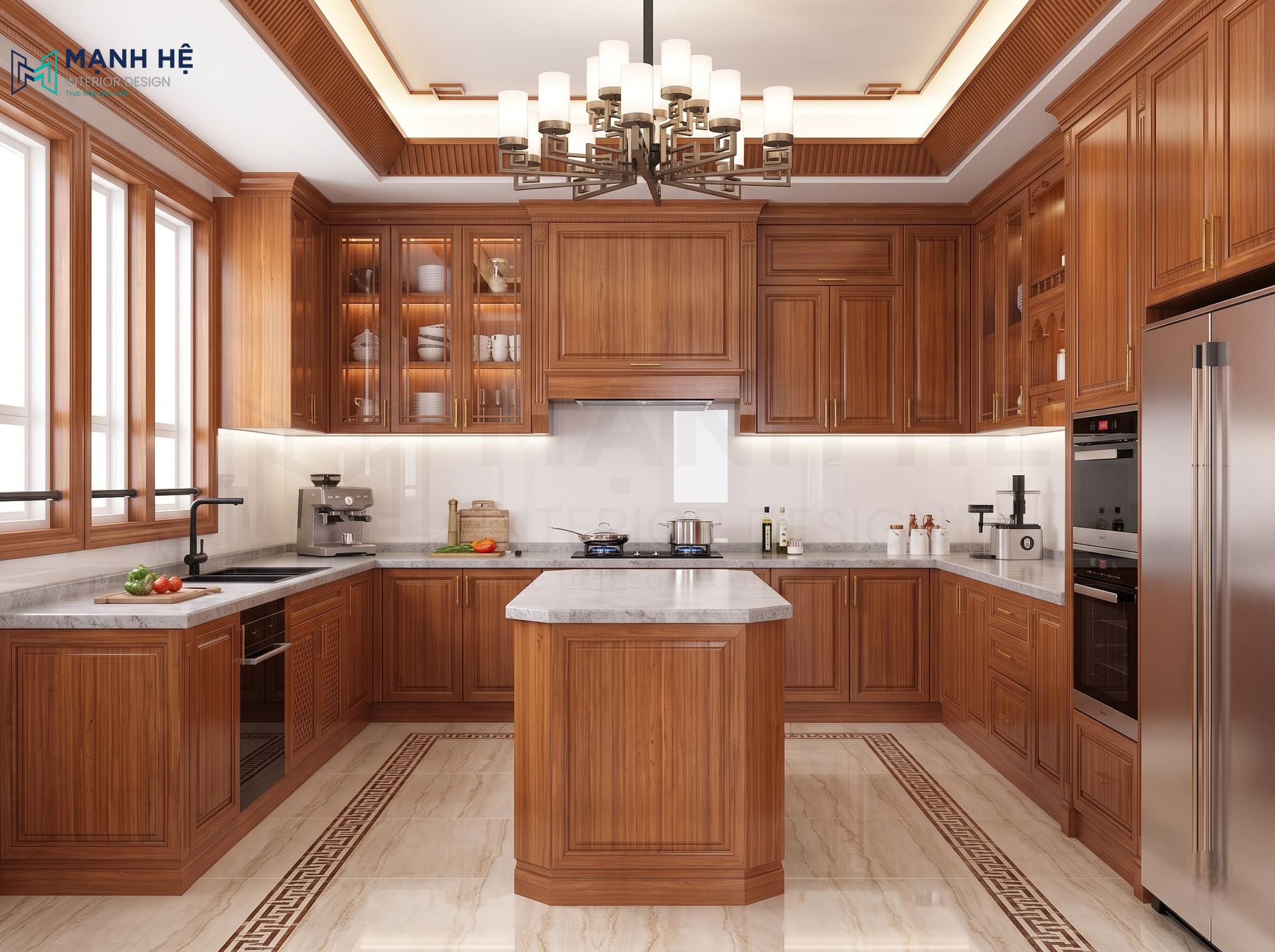 Thiết kế nội thất phòng bếp gỗ tự nhiên với tủ bếp chữ U kết hợp bàn đảo