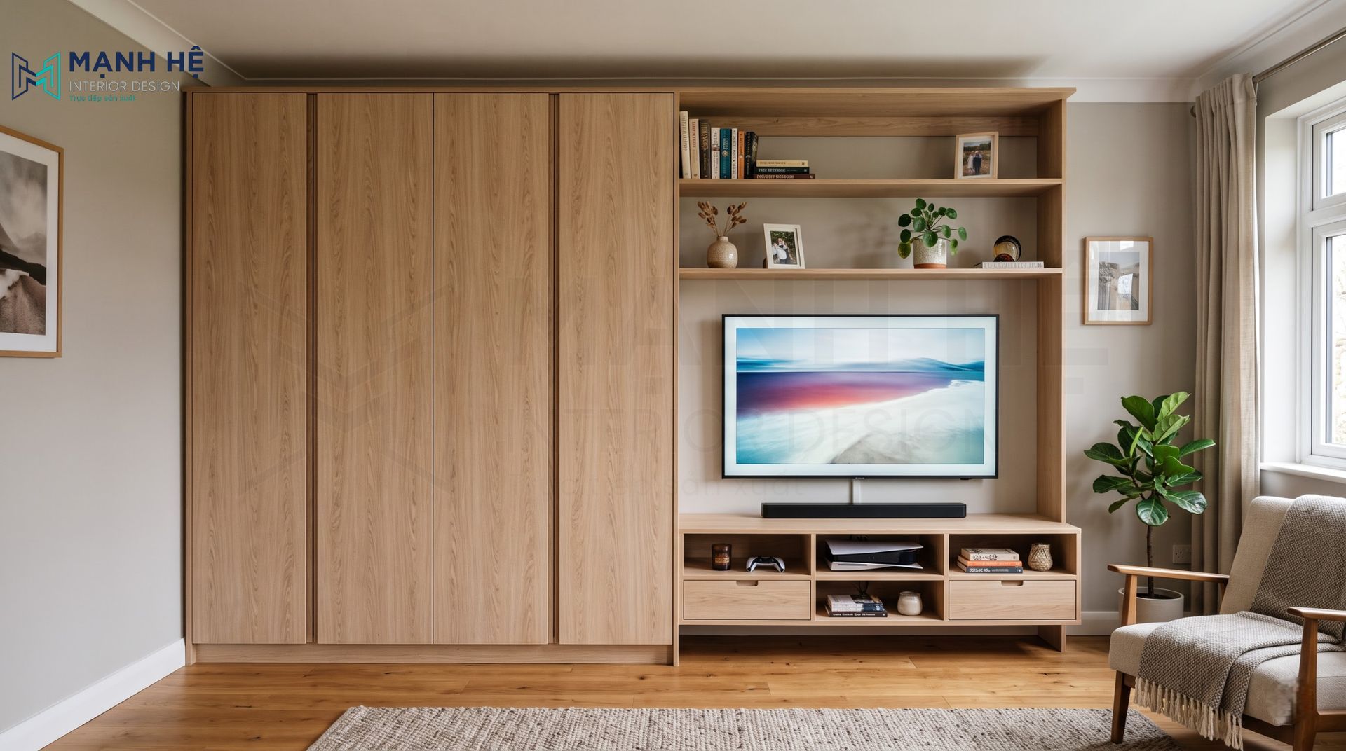Tủ quần áo và kệ tivi nối liền nhau, sử dụng vật liệu gỗ plywood