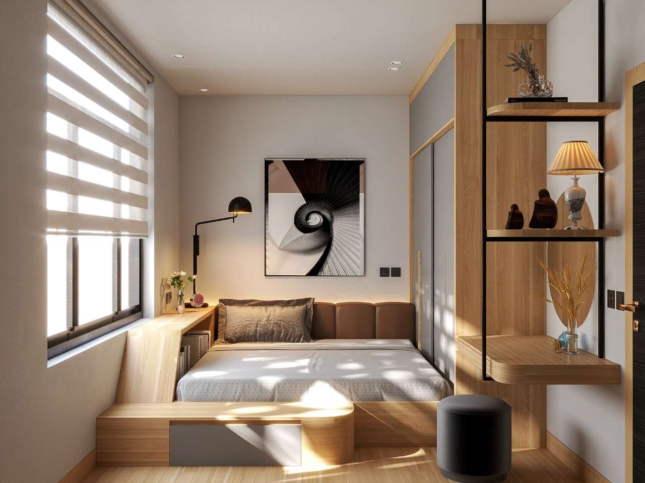 Mẫu phòng ngủ 10m2 phong cách japandi pha với hiện đại