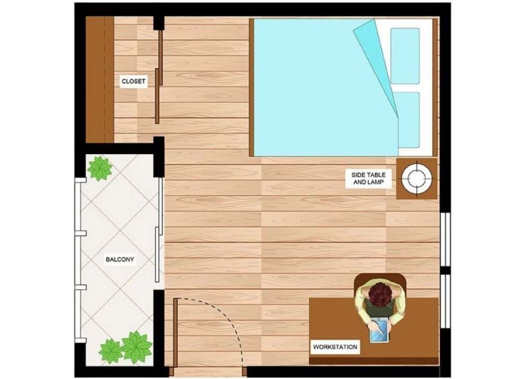 Bản vẽ bố trí mặt bằng phòng ngủ đơn giản, ít nội thất nhưng vẫn đảm bảo tiện nghi cho cá nhân sinh hoạt