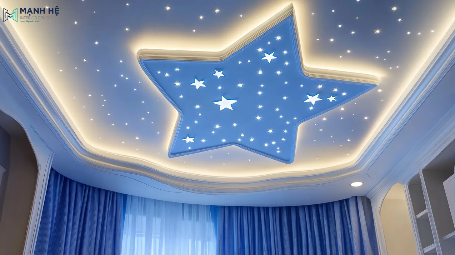 Phối đèn led với kiểu trần thạch cao giật cấp đẹp hình ngôi sao cho phòng ngủ thêm phần lung linh