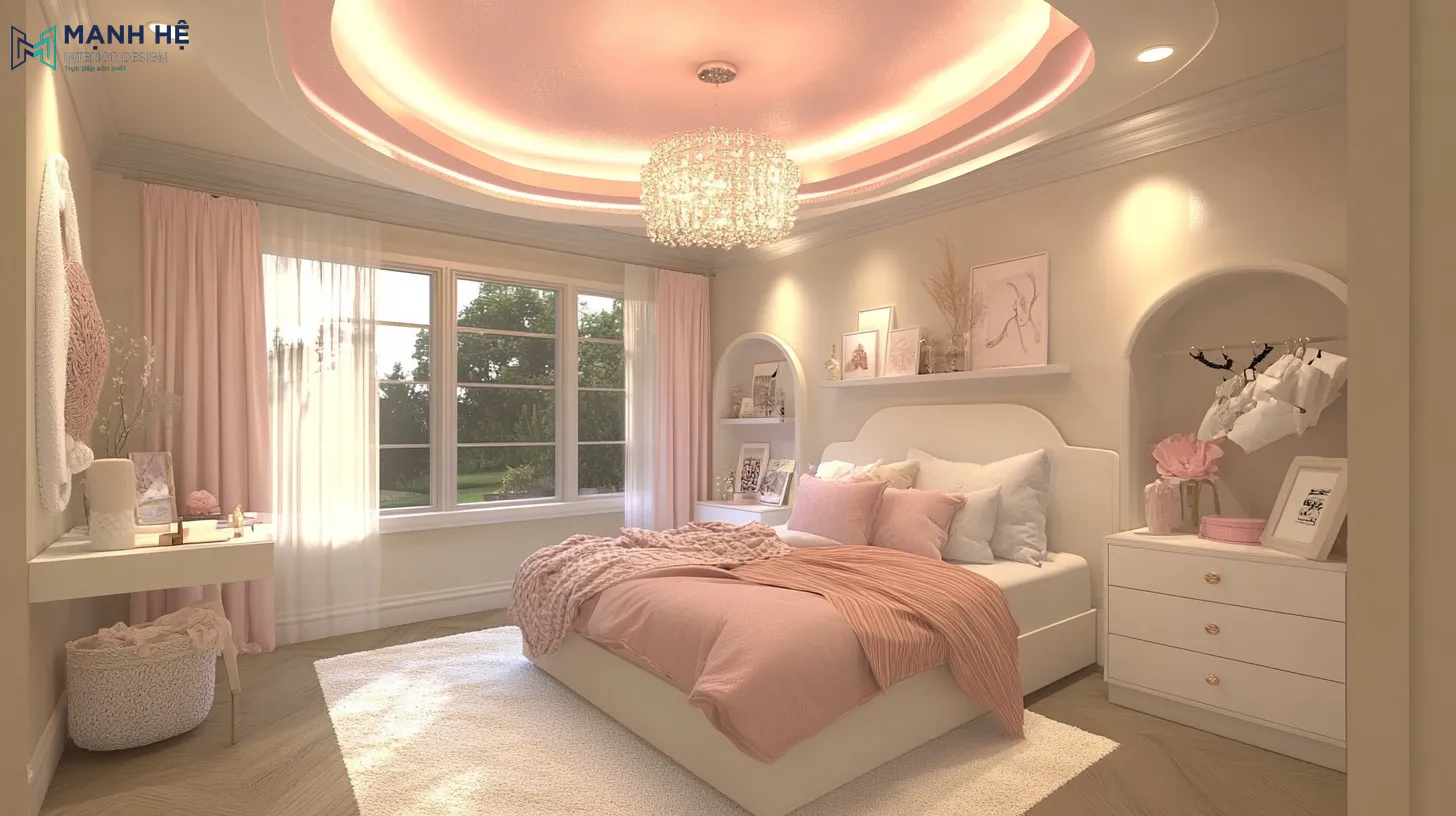 Mẫu trần thạch cao màu hồng kiểu công chúa giúp cho phòng ngủ bé gái dễ thương hơn