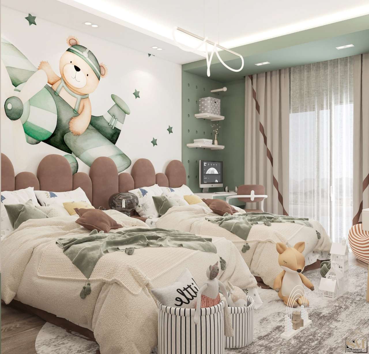 Thiết kế trần thạch cao cho phòng ngủ 2 bé gái