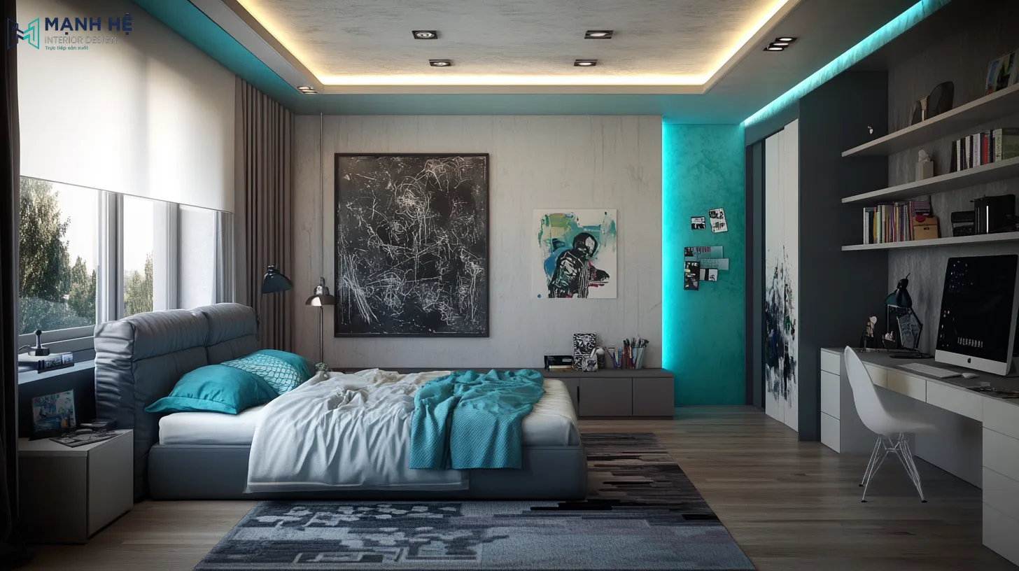 Thiết kế trần thạch cao giật cấp hiện đại cho phòng ngủ bé trai