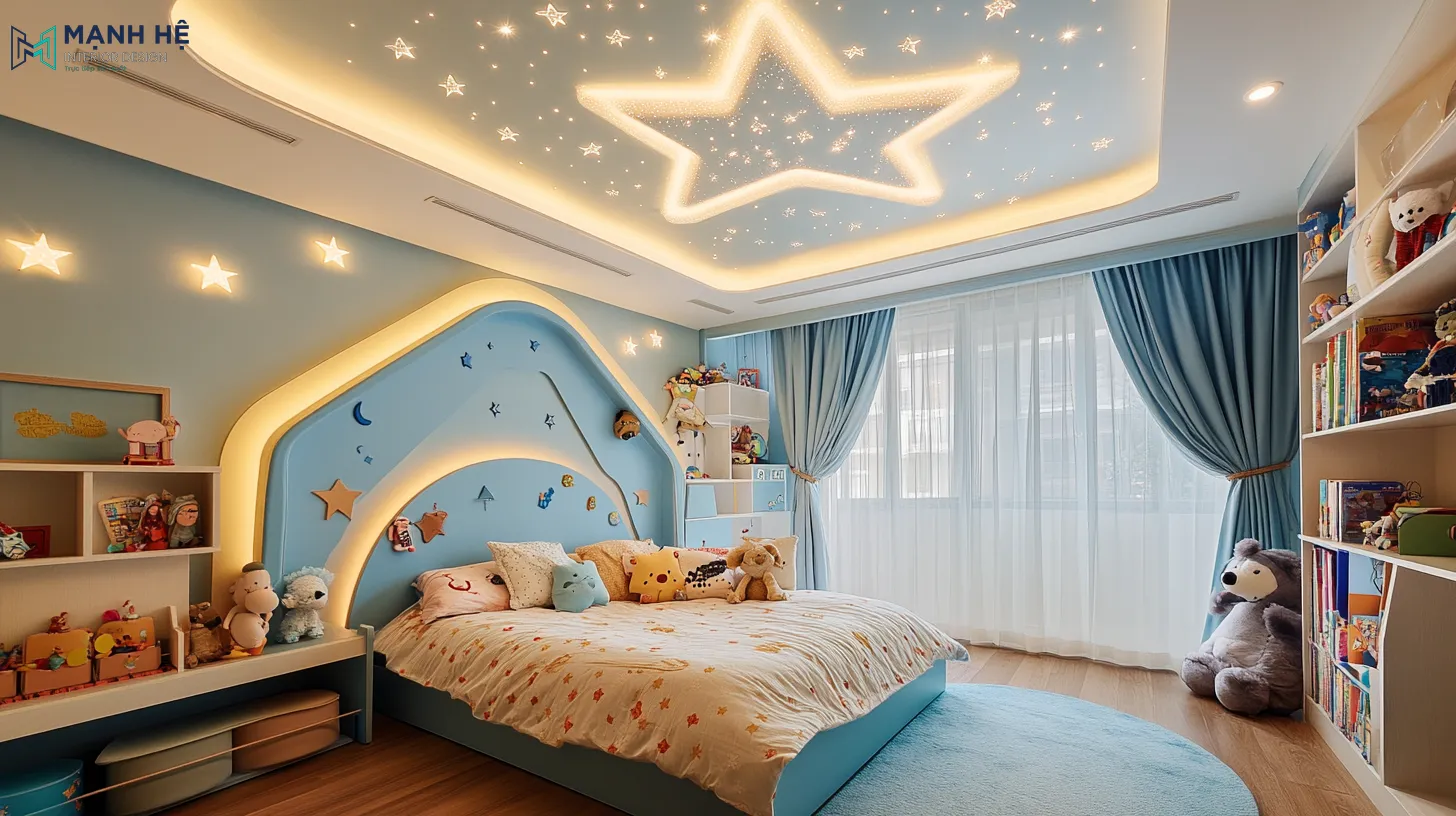 Mẫu trần thạch cao đẹp lung linh hình ngôi sao cho phòng ngủ bé gái