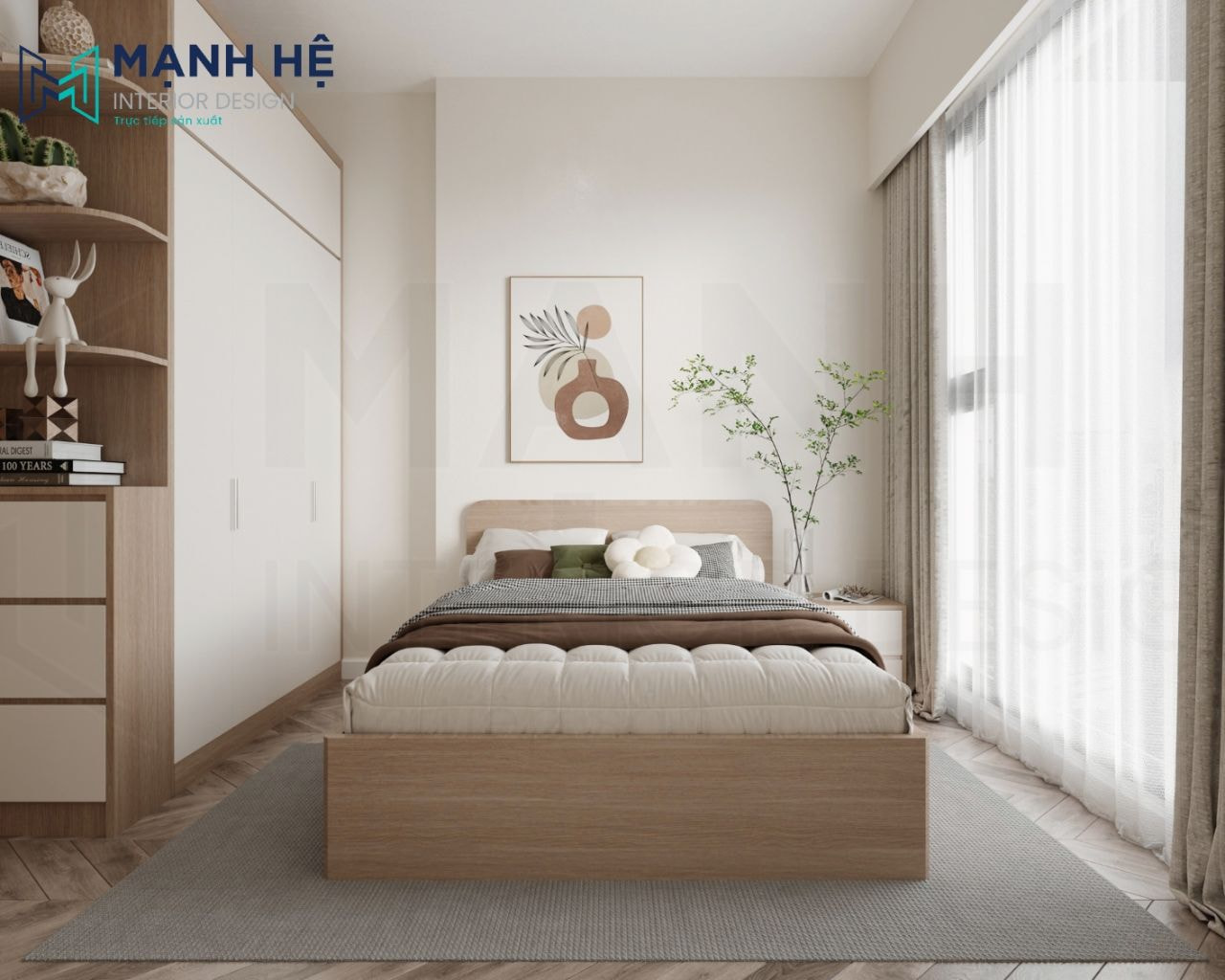 Phòng ngủ gam màu trung tính hài hòa, cùng với tranh trang trí tối giản