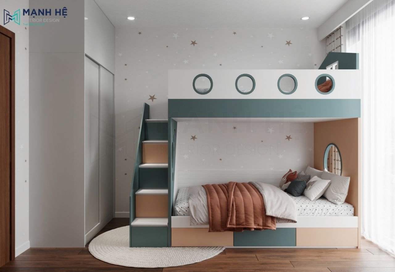 Giường 2 tầng với thiết kế gỗ đơn giản đẹp mắt và tiện dụng