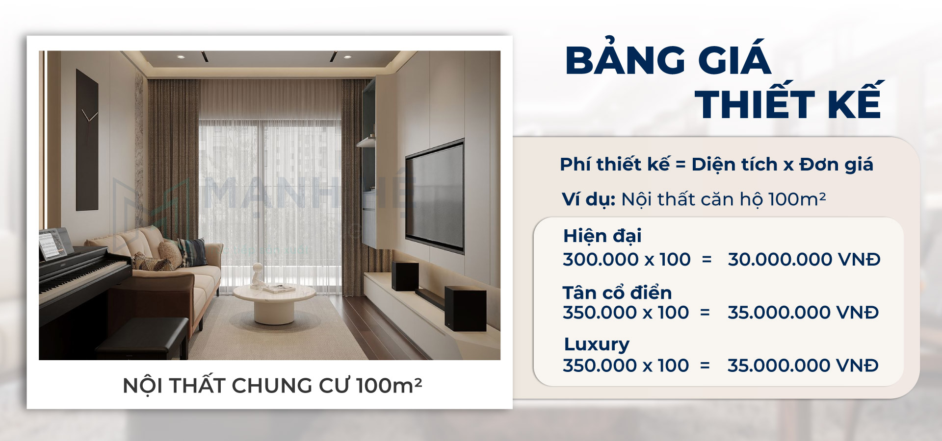 Bảng giá thiết kế nội thất chung cư 50m2