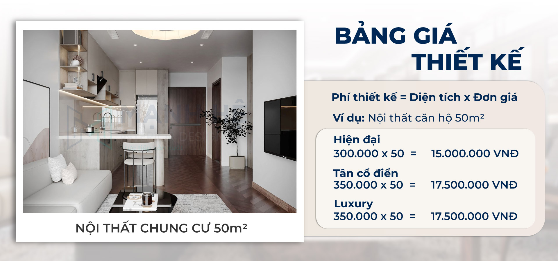 Bảng giá thiết kế nội thất chung cư 50m2