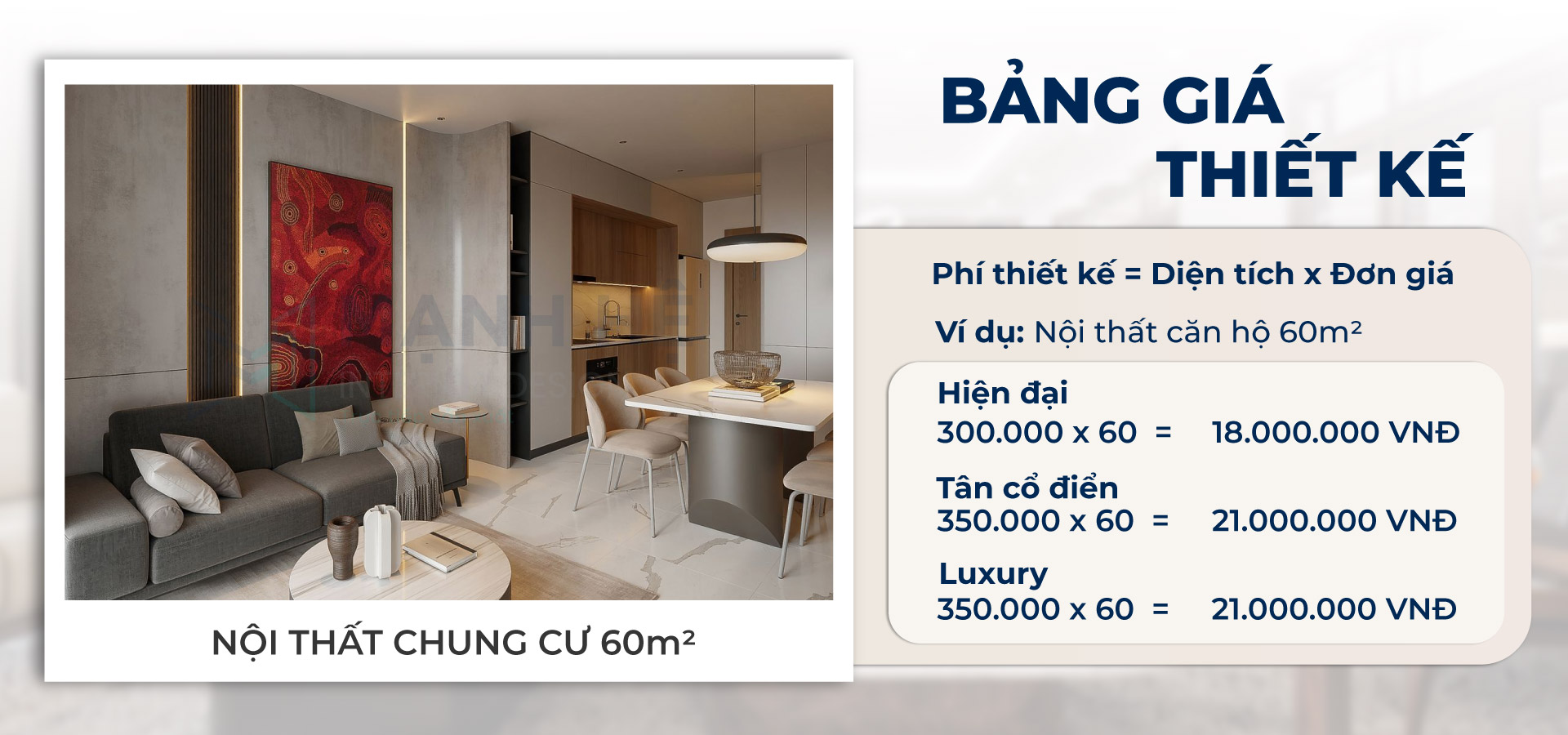 Bảng giá thiết kế nội thất chung cư 60m2