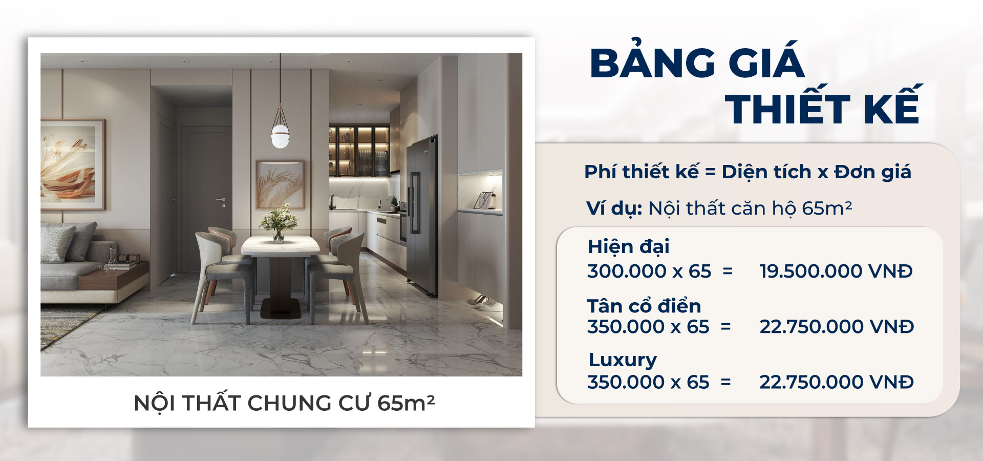 Bảng giá thiết kế nội thất chung cư 65m2