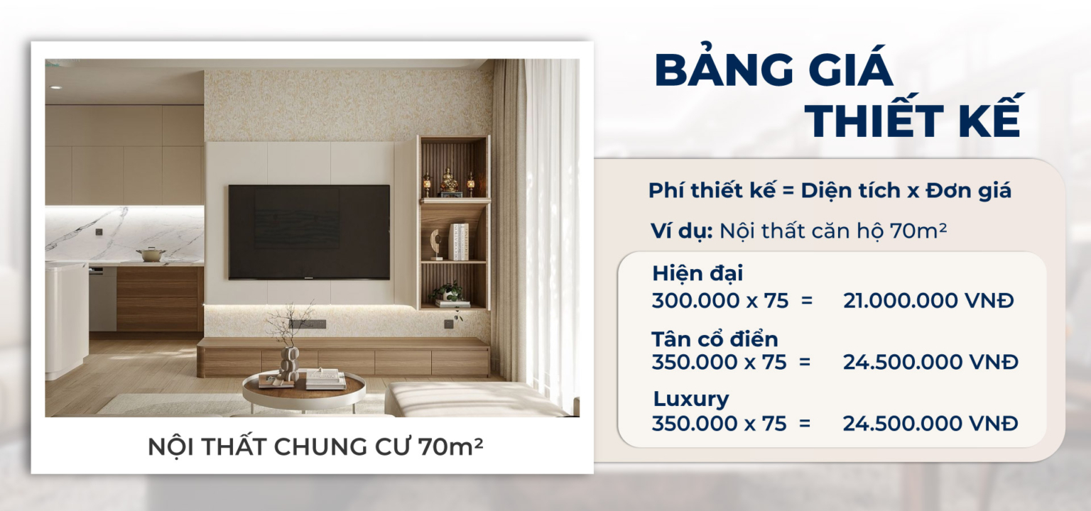 Bảng báo giá thiết kế nội thất chung cư 70m2 theo từng phong cách sẽ giúp bạn dễ dàng dự toán ngân sách.