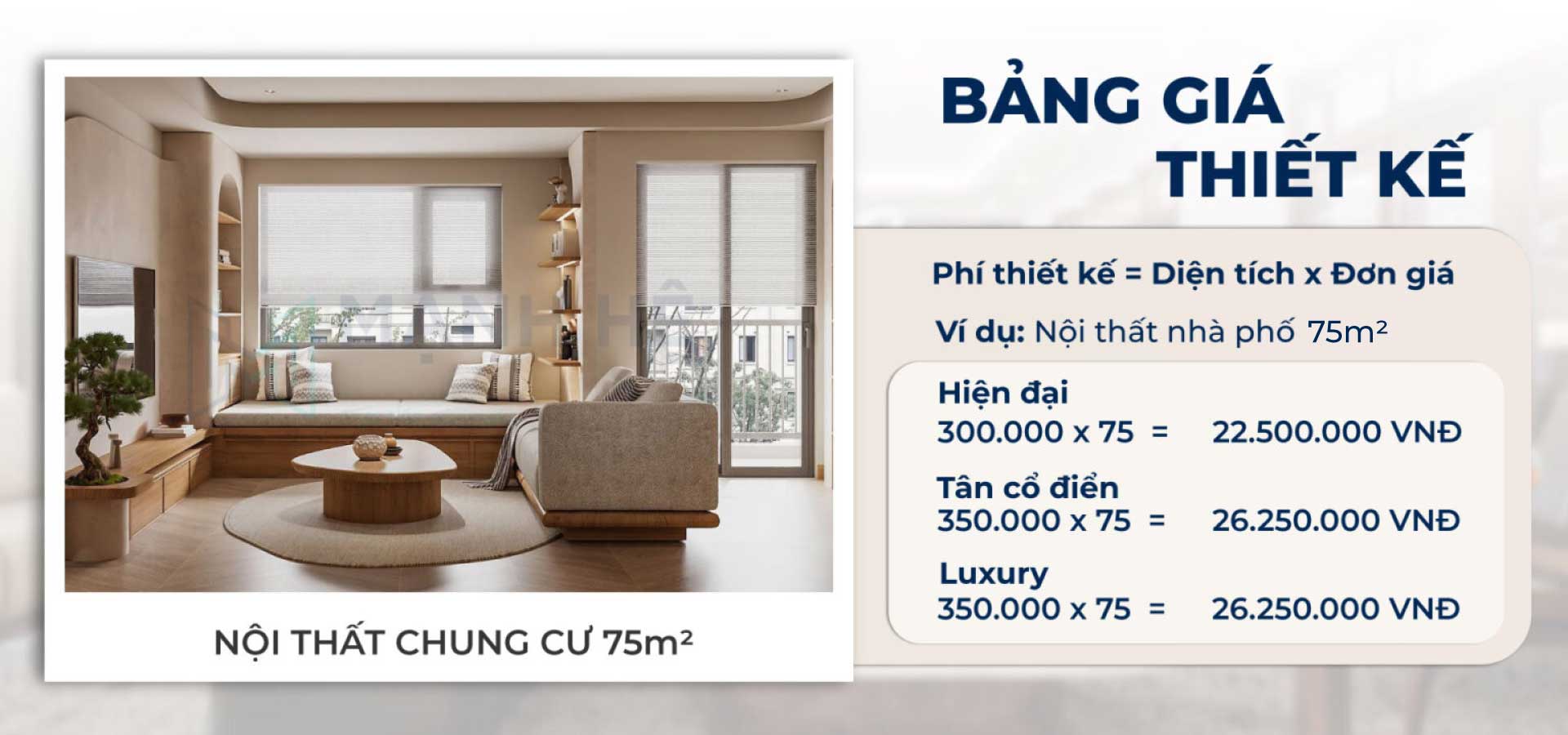 Bảng giá thiết kế nội thất chung cư 75m2 