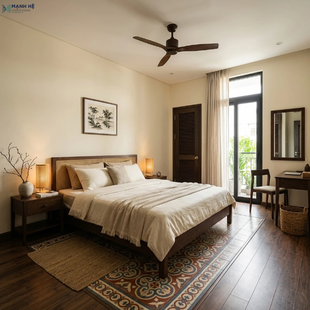 phòng ngủ phong cách indochine với giường gỗ tự nhiên tựa lưng mây đan và gạch bông lát sàn