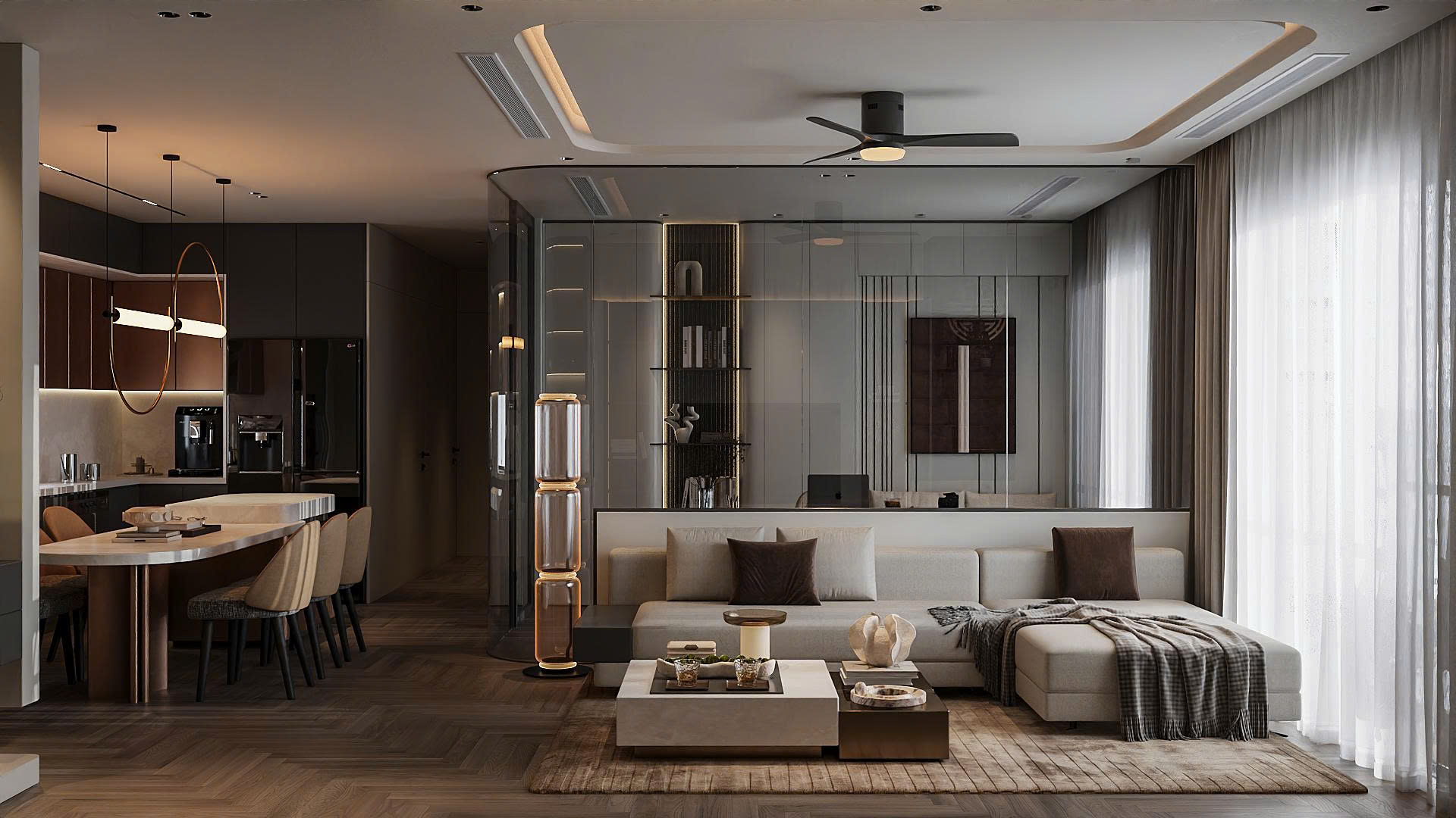 phòng khách liền bếp hiện đại với sofa chữ L màu ghi kem và vách kính ngăn