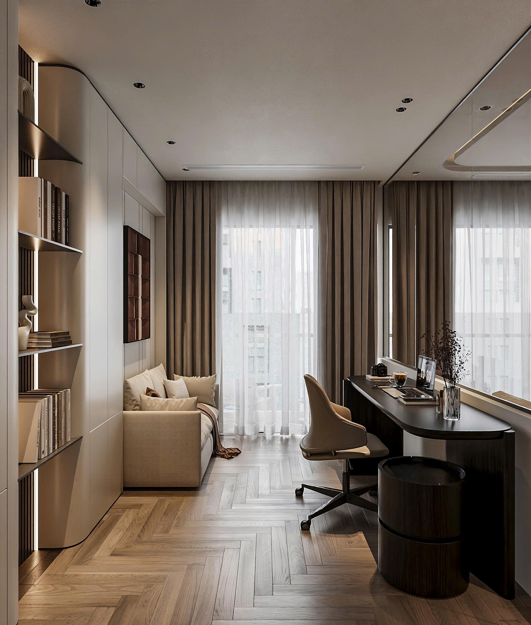 phòng làm việc hiện đại với bàn làm việc dài, ghế xoay và sofa