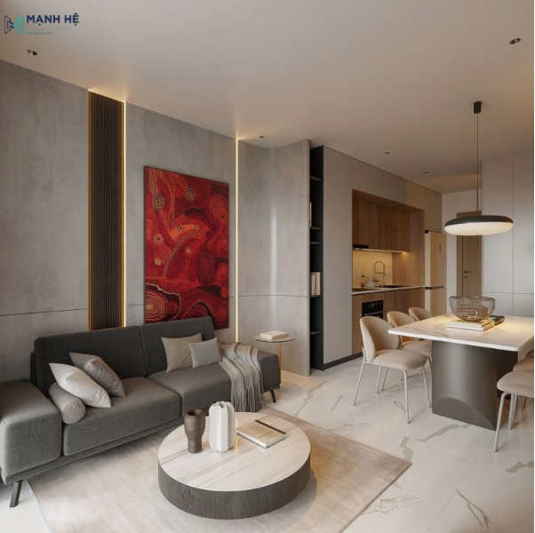 khách liền bếp hiện đại với sofa màu xám và tranh treo tường màu đỏ