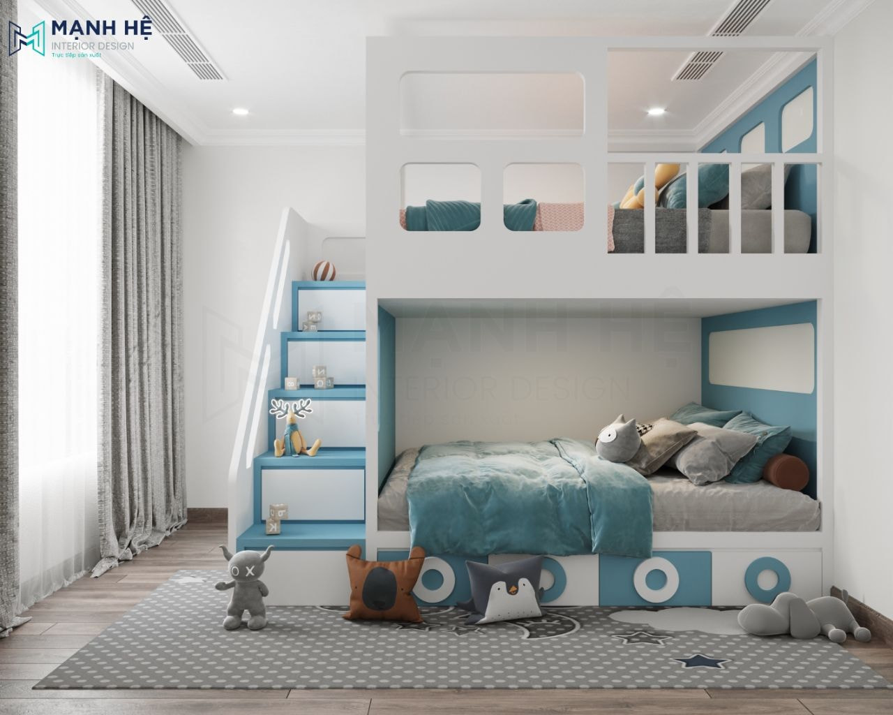 Mẫu 4: Thiết kế giường tầng dạng hình ô tô năng động cho bé trai