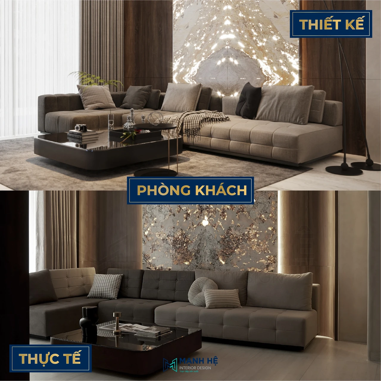 So sánh thi công nội thất phòng khách hiện đại với vách ốp đá xuyên sáng biệt thự Nine South hiện đại