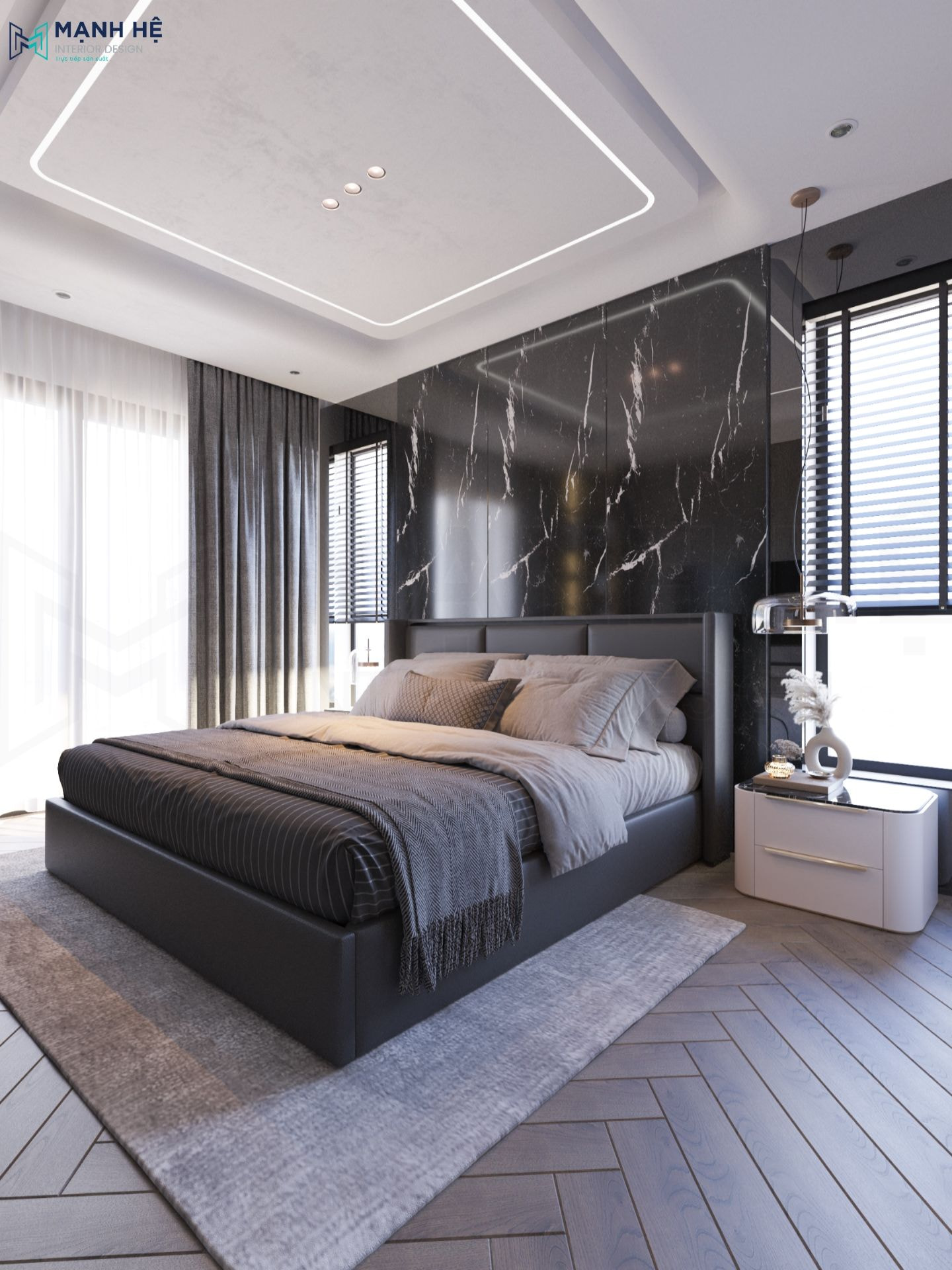 Không gian phòng ngủ hiện đại cực thanh lịch cùng điểm nổi bật ở phần vách ốp đá granite