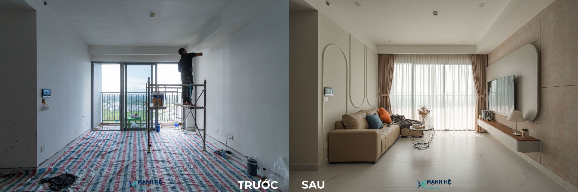 Hình ảnh thực tế so sánh trước và sau khi cải tạo nội thất chung cư cũ tại phòng khách căn hộ Celesta Rise của chị N
