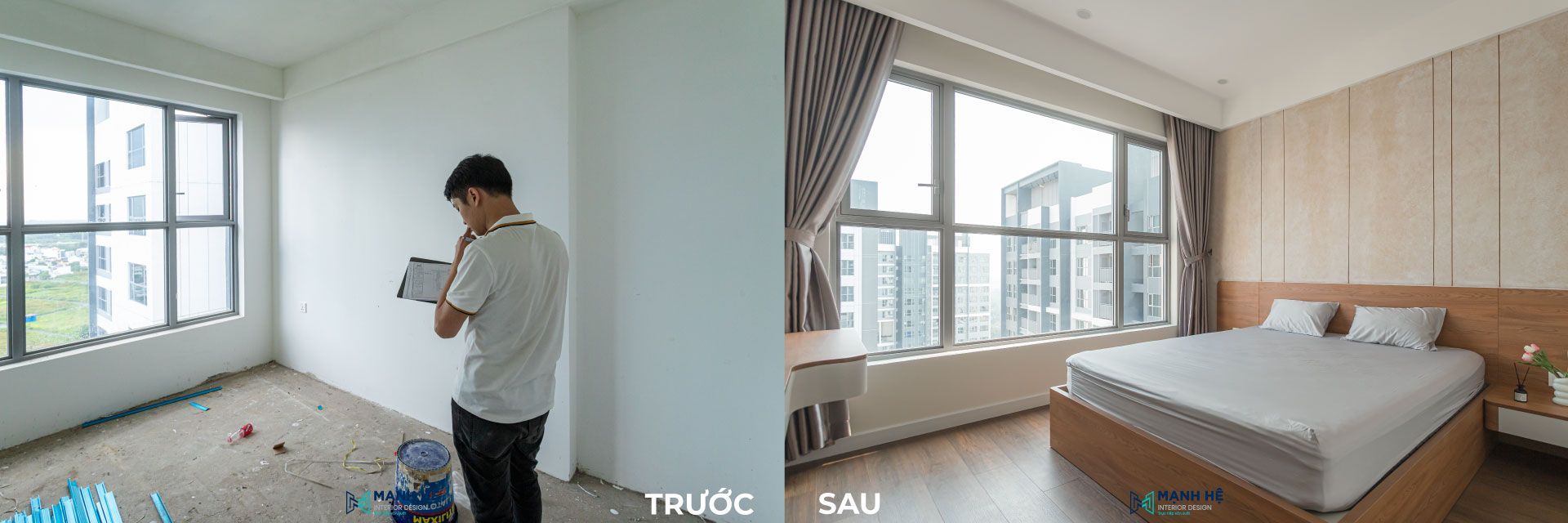 Cải tạo phòng ngủ chung cư với sàn gỗ, vách đầu giường và nội thất đồng bộ, biến không gian thô thành phòng ngủ hiện đại, ấm cúng.
