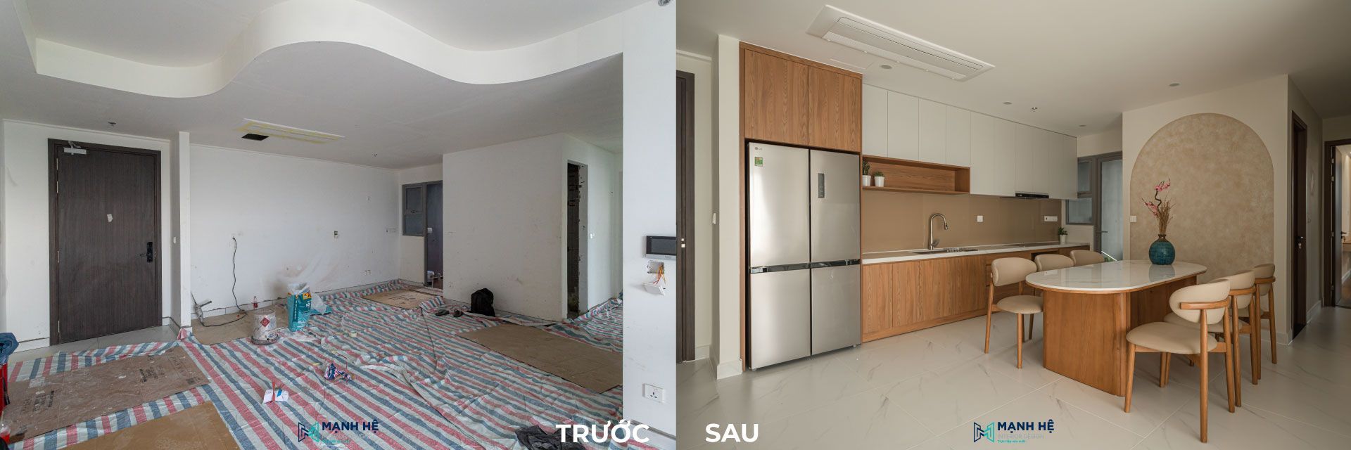 Cải tạo thi công hệ tủ bếp đụng trần kết hợp bàn ăn đồng bộ giúp tối ưu diện tích và mở rộng không gian sinh hoạt.
