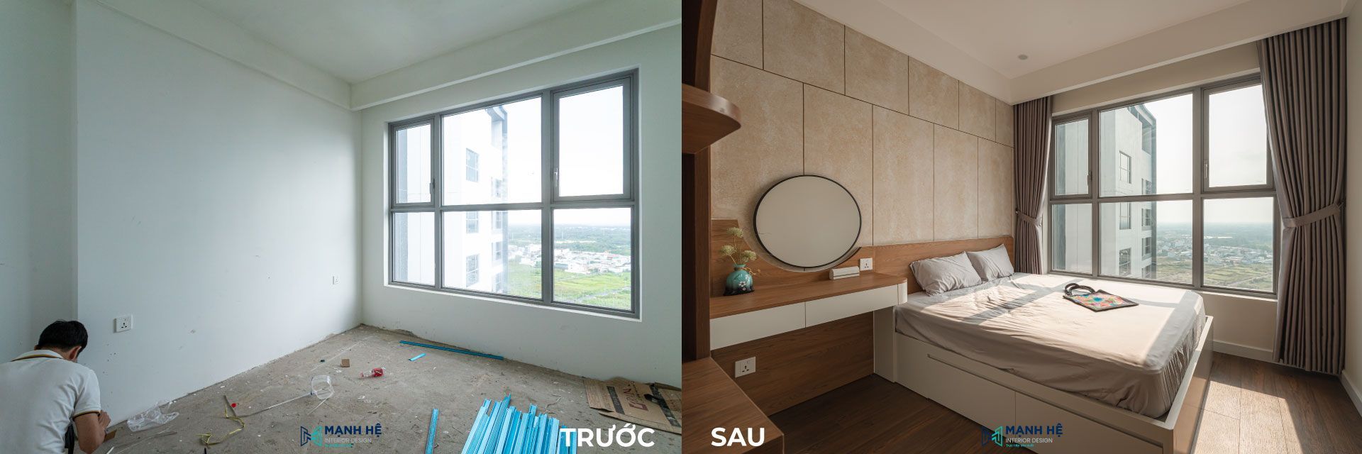 Thực tế phòng ngủ master trước và sau khi cải tạo chung cư mang lại không gian nghỉ ngơi thư thái và đẳng cấp hơn.