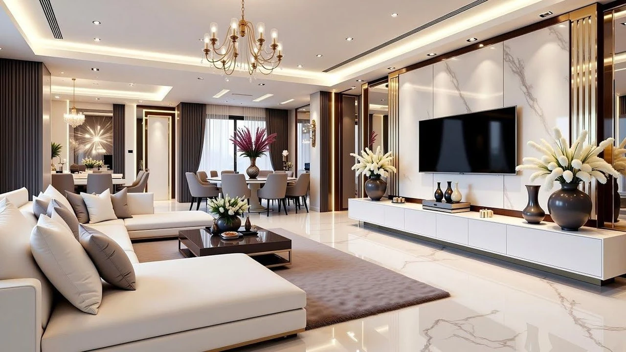 Không gian phòng khách Modern Luxury cuốn hút với tông màu trắng kem thời thượng