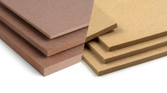 so sánh gỗ ván gỗ HDF màu đỏ và ván gỗ MDF màu vàng