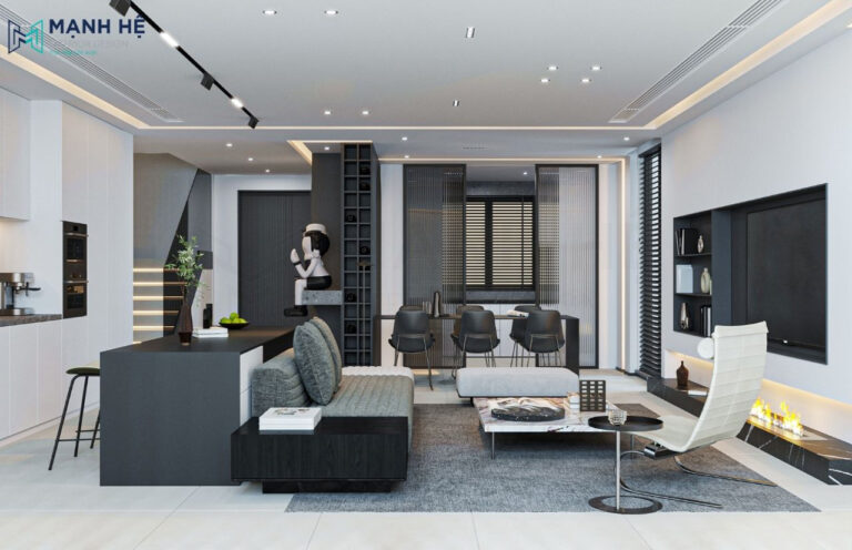 Phòng khách liền bếp cho căn hộ duplex với quầy bar làm vách phân chia