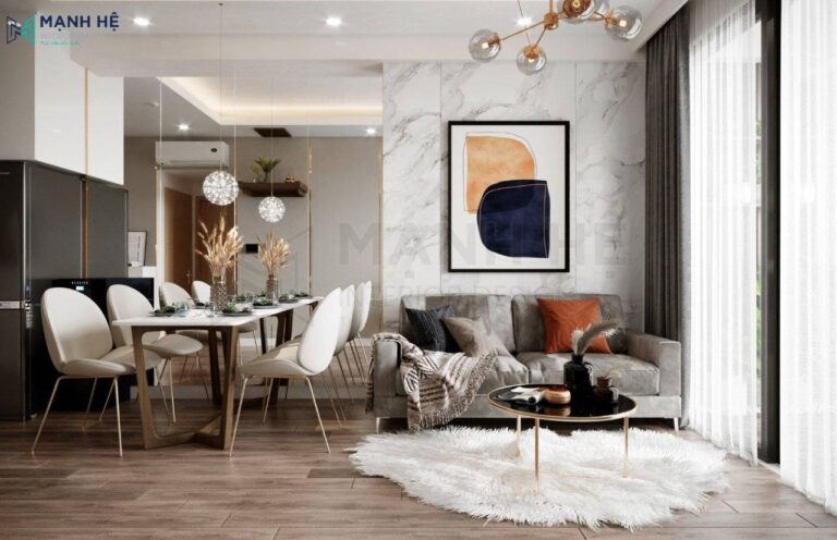 Mẫu gương to treo tường phòng khách giúp không gian thêm phần cuốn hút cùng với điểm nhấn tranh trang trí làm tăng thêm tính thẩm mỹ cho căn phòng