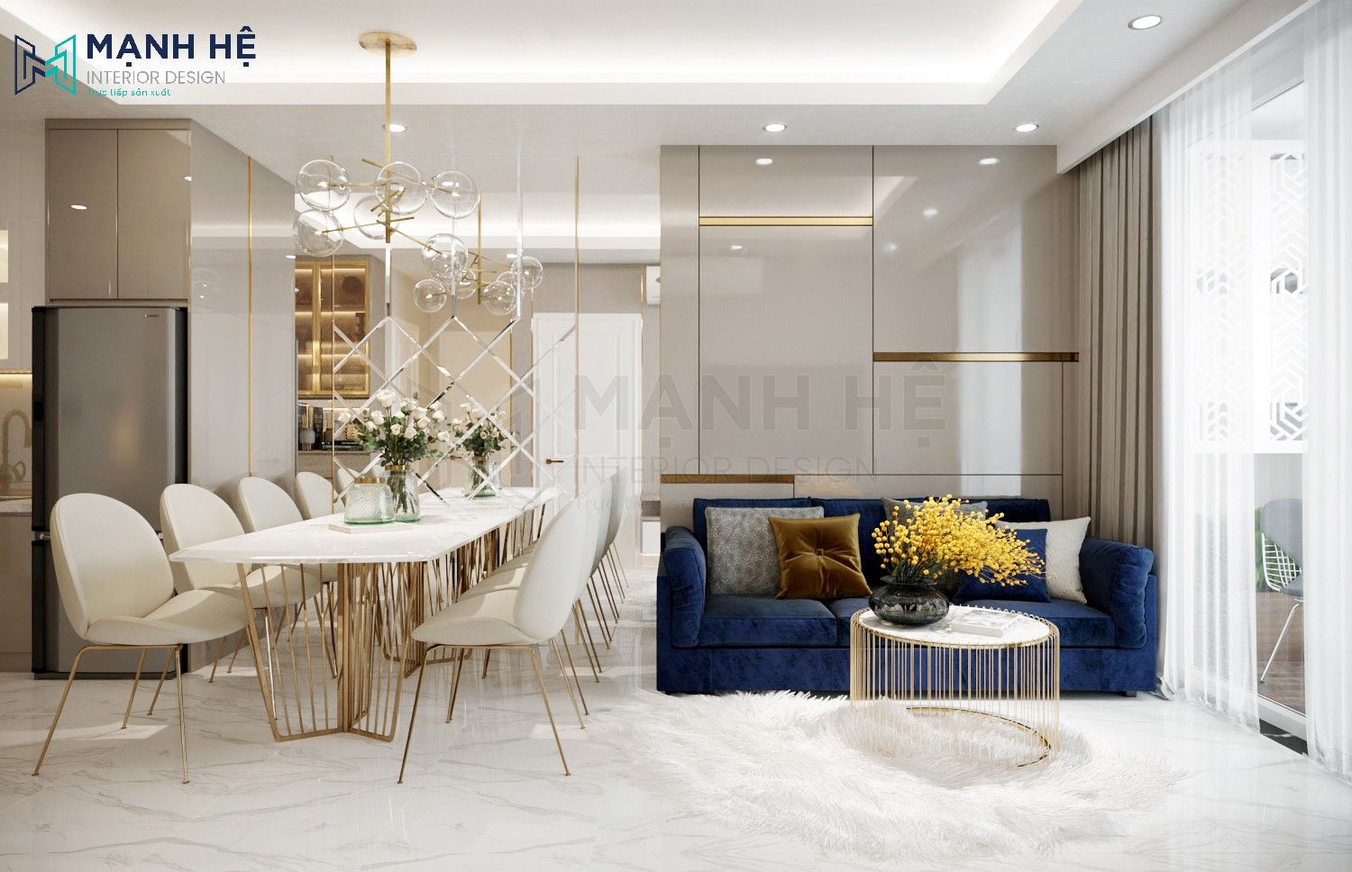 Mẫu mảng tường bằng gương đặt cạnh sofa vô cùng tinh tế cùng với phần trần thạch cao thiết kế giật cấp nhẹ tạo hiệu ứng chiều sâu cho không gian phòng