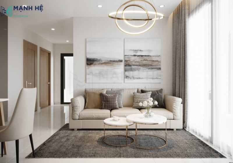 Thiết kế nội thất phòng khách chung cư gam màu kem nhã nhặn