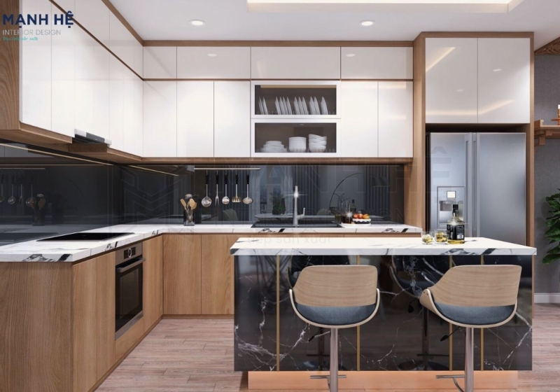 Mẫu thiết kế tủ bếp Acrylic màu trắng chữ L kết hợp cùng bàn đảo