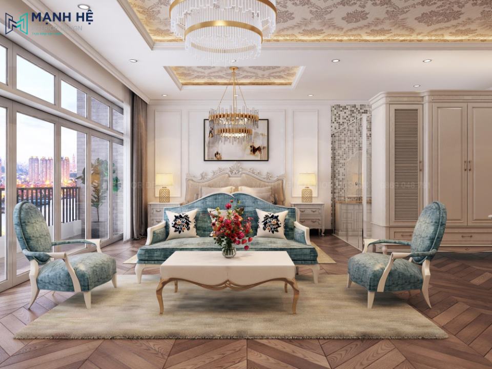 2-noi-that-phong-ngu-dep-noi-that-manh-he Bộ ghế sofa và bàn trà trong phòng ngủ, nổi bật với gam màu xanh hiện đại