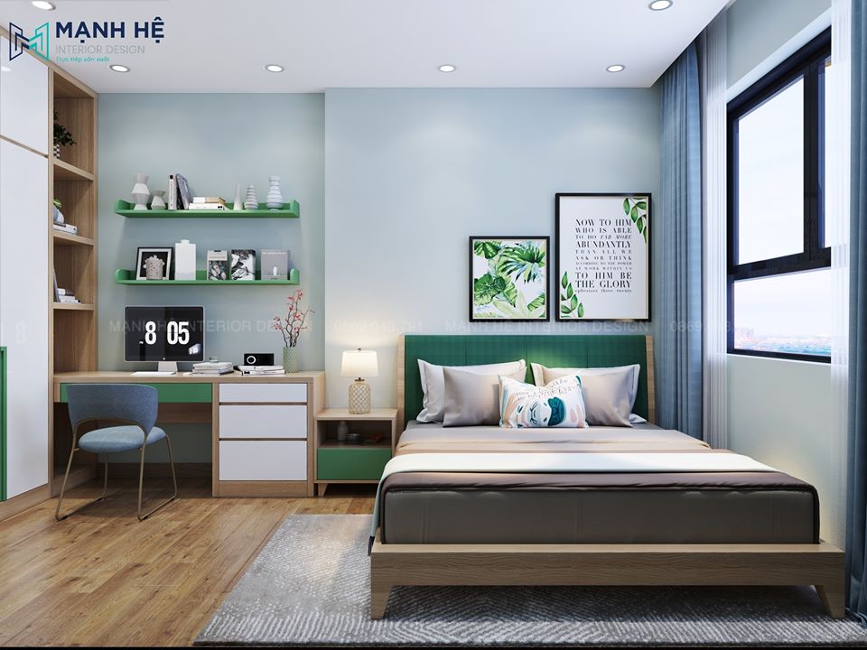 Không gian phòng ngủ tone màu xanh lá tươi mát, sinh động