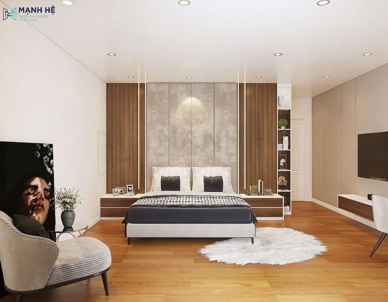 Thiết kế nội thất phòng ngủ với vách ốp nệm đầu giường màu xám xi măng hiện đại